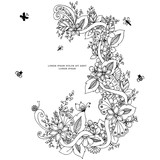 Fototapeta Dziecięca - Vector illustration of floral frame zentangle, doodling. Zenart, doodle, flowers, butterflies. Black and white. Adult coloring books