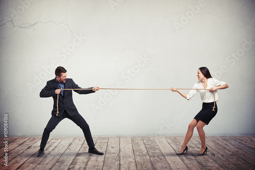 Fotografie, Obraz Businessman and businesswoman playing tug of war