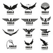 Heraldic symbols with eagle silhouettes. Vector eagle emblems or eagle logos set for company logo or brand logotype with eagle bird