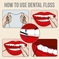 Canvas Print - Flossing teeth vector infographics. Hygiene flossing tooth, medicine dental flossing and oral care vector illustration