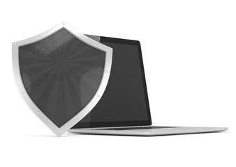 Laptop and shield on white, computer security concept. 3d rendering.