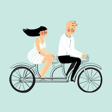 Vector Flat Design Happy Young Man And Woman Characters Couple Riding Tandem Bicycle Isolated