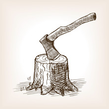 Axe In The Stump Hand Drawn Sketch Style Vector