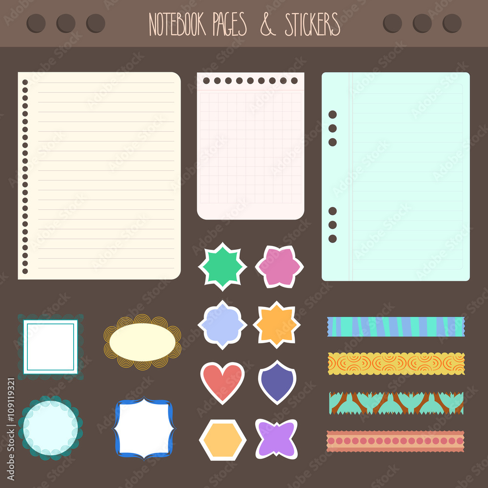 Set of pages notebook with stickers, colored tape, staples. Template ...
