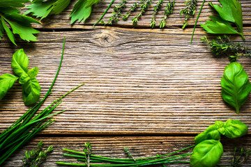 Wall Mural - Fresh herbs on wooden background