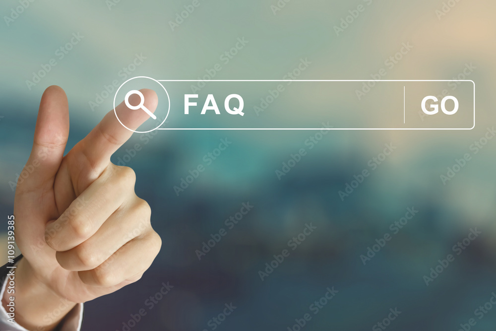 business hand clicking FAQ or Frequently asked questions button - obrazy, fototapety, plakaty 