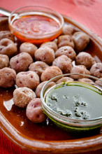 Canarian Wrinkled Potatoes (papas Arrugadas) Served With Red Mojo (traditional Sauce) And Green Mojo
Tenerife, Canary Islands, Spain