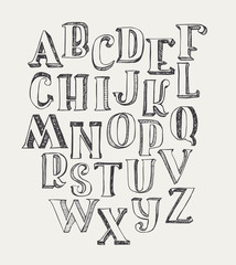 Poster - Hand-drawn ABC letters, isolated on white background. Hand drawn ink 3d font, funky and grunge alphabet, vector graphic illustration. Scratched, hatch at the shade side, using stippling and lines