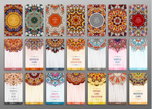 Vector Vintage Visiting Card Set. Floral Mandala Pattern And Ornaments. Oriental Design Layout. Islam, Arabic, Indian, Ottoman Motifs. Front Page And Back Page.