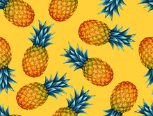 Seamless Pattern With Pineapples. Tropical Abstract Background In Retro Style. Easy To Use For Backdrop, Textile, Wrapping Paper, Wall Posters
