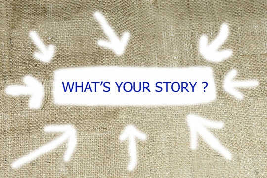 Text 'What's your story?' appears under the torn burlap.
