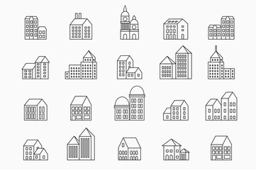  set of linear urban buildings and illustrations of houses and architectural signs. For website design, business cards, invitations and flyers on the urban theme with a linear fashion graphics.