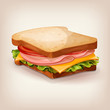 Vector design of delicious sandwich with fresh lettuce, tomato, cheese and ham. Cartoon style icon. Restaurant menu illustration. 