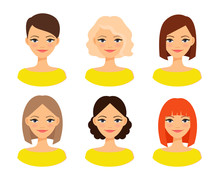 Womens Faces. Woman With Different Hair Color And Different Hairstyles Vector Illustration
