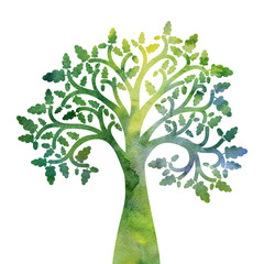 silhouette of oak tree with leaves