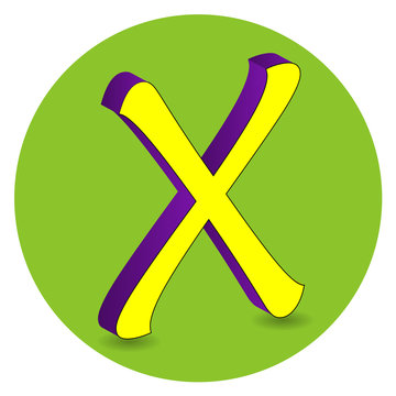 3D purple and yellow capital  letter X on green circle background.  Vector illustration.