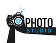 Photographer hands with camera icon or logo template. Flat illustration of lens camera shooting macro image with flash and text ideal photo