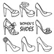 Beautiful hand drawn women's high heel shoes, sandals. Fashionable women's shoes. Beauty, trend. Sketch illustration.