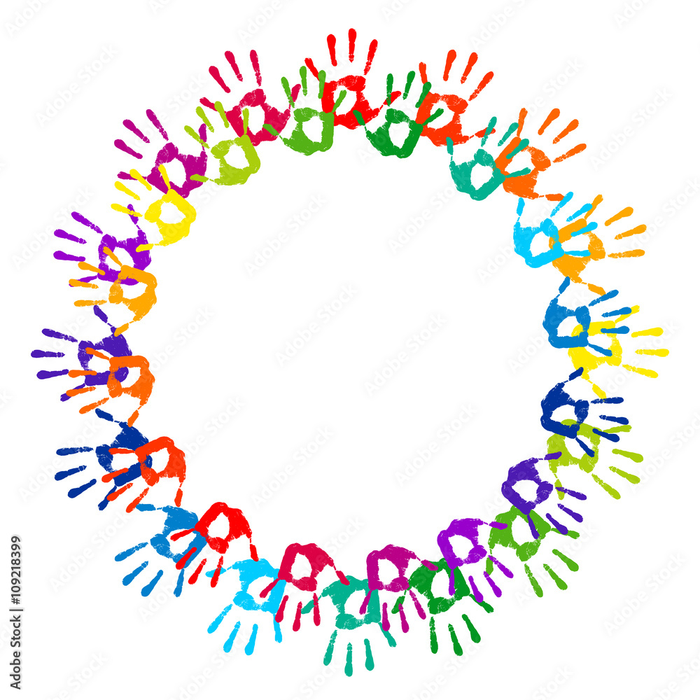 Hand print. Round frame on a white background. Multicolored hands prints.  Color circle, range, Vector illustration Stock Vector | Adobe Stock, image size:1000x1000