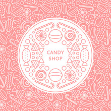 Candy Shop Logo And Seamless Patterns With Candies In Trendy Linear Style. Background With Pink Candy Icons In Trendy Linear Style. Vector Illustration.