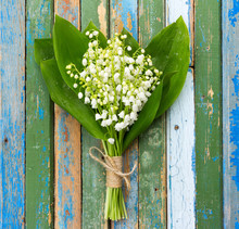 Bouquet Of Lilies Of The Valley Flowers With Green Leaves Tied With Twine In Water Droplets On Wooden Boards With Remnants Of Old Paint
