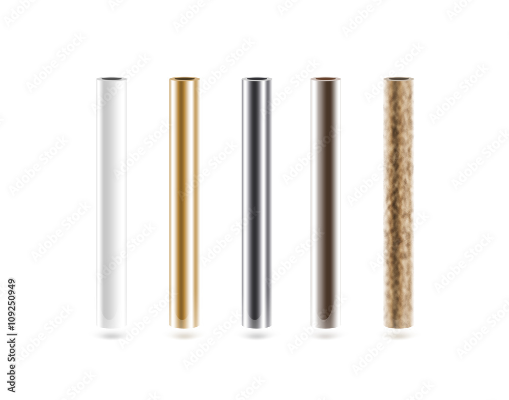 Metal pipes set isoalted on white. Shiny metallic cylinder pipe, silver, grey, golden, chrome, steel, rusty. Gold pole design. Glossy color stick gradient graphic design. Rust column tube with hole. - obrazy, fototapety, plakaty 
