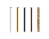 Fototapeta  - Metal pipes set isoalted on white. Shiny metallic cylinder pipe, silver, grey, golden, chrome, steel, rusty. Gold pole design. Glossy color stick gradient graphic design. Rust column tube with hole.