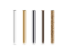 Metal Pipes Set Isoalted On White. Shiny Metallic Cylinder Pipe, Silver, Grey, Golden, Chrome, Steel, Rusty. Gold Pole Design. Glossy Color Stick Gradient Graphic Design. Rust Column Tube With Hole.