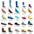 Footwear, names. Men's and women's footwear. Color footwear set, realistic footwear. Footwear with names. Boots, shoes, sandals, sport footwear. Footwear color icons with names. 