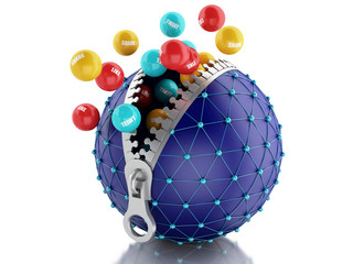 Poster - 3d Network globe with zipper. Network Communications concept.