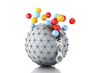 Poster - 3d Network globe with zipper. Network Communications concept.