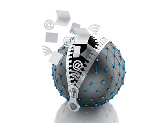 Poster - 3d Network globe with zipper. Network Communications concept.