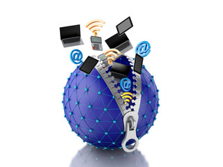 Poster - 3d Network globe with zipper. Network concept.