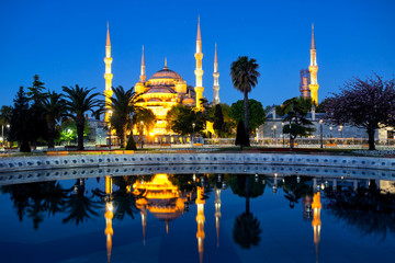 Wall Mural - sultanahmet mosque (blue mosque) with reflection shot at night