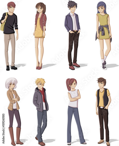 Zdjęcie XXL Grupa kreskówka młodzi ludzie. Nastolatki z anime Manga.