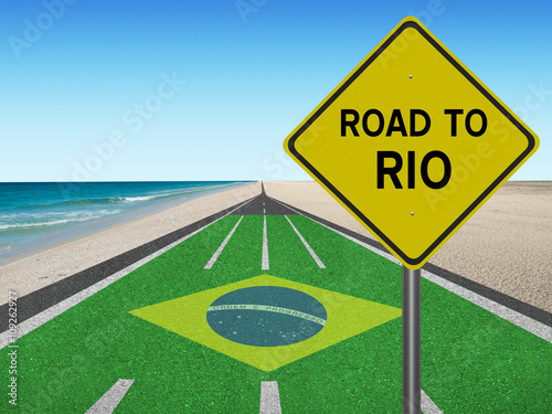 Road to Rio with Brazilian flag "Order and Progress" in English and beach Poster