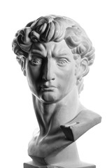 gypsum head of michelangelo's david isolated over a white background