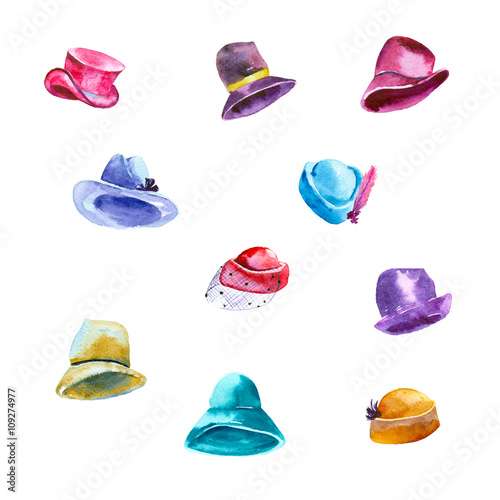 Watercolor painting. Set of women's hats on white background. Stock Illustration Adobe Stock