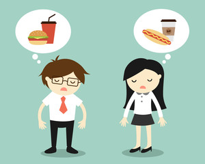 Business concept, Businessman and business woman feeling tired and thinking about food. Vector illustration.