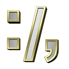 Poster - Colon, semicolon, period, comma from brushed silver with shiny gold frame alphabet set, isolated on white. 3D illustration.