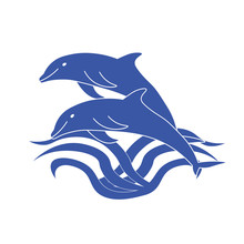 Two Dolphins Jumping Out Of The Water. Two Cute Blue Dolphin. Outline Illustration Of Two Dolphins.
