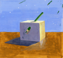 Gouache Painting Of A Sunlit Cube Pierced With Green Pencil Against Blue Sky And Same Falling Things.