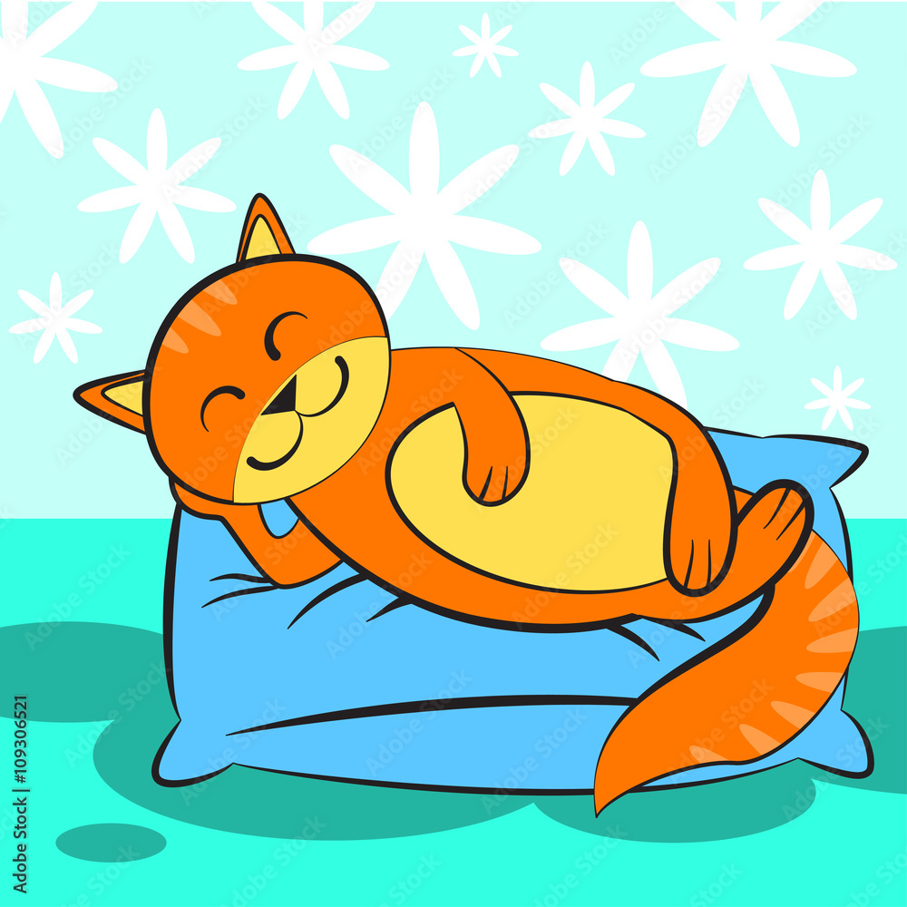 Cute orange cat sleeping on blue and a soft pillow. Vector Stock Vector ...