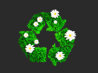 Wall Mural - green recycle sign with white daisy flowers isolated on dark grey abckground.