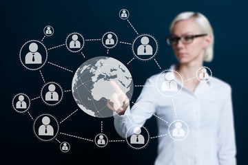 Poster - Business woman with touch screen map network web icon.