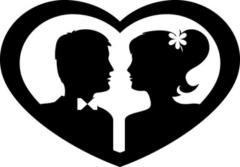 Silhouettes of loving couple in heart. Black against white background. Vector