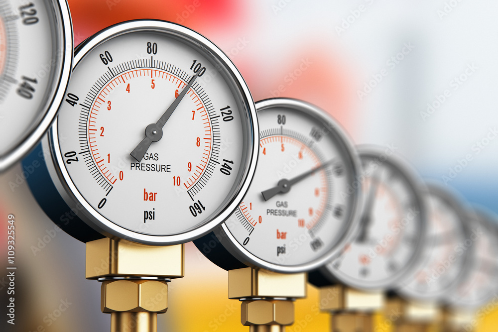Row of industrial high pressure gas gauge meters - obrazy, fototapety, plakaty 