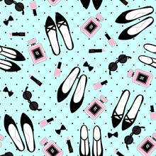 Seamless Fashion Accessories Pattern. Cute Fashion Illustration With Black Shoes, Pink Lipstick, Nail Polish, Perfume, Sunglasses On Mint Green Polka Dots Background.
