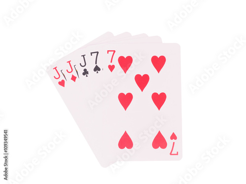Three of a Kind playing cards isolated on white background. плакат
