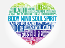 Body Mind Soul Spirit Heart Word Cloud, Fitness, Sport, Health Concept